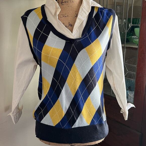 90s Vintage NY&Co Argyle Sweater Shirt Medium Faux Layered Y2K Preppy Academia - Picture 1 of 16
